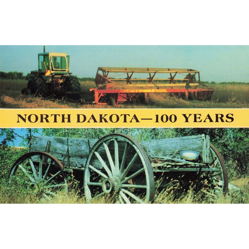 North Dakota ND 100 Years Centennial Farm Tractor Wooden Wagon Chrome Postcard - Picture 1 of 2